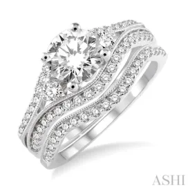 1 1/10 Ctw Diamond Wedding Set with 1 Ctw Round Cut Engagement Ring and 1/6 Ctw Wedding Band in 14K White Gold
