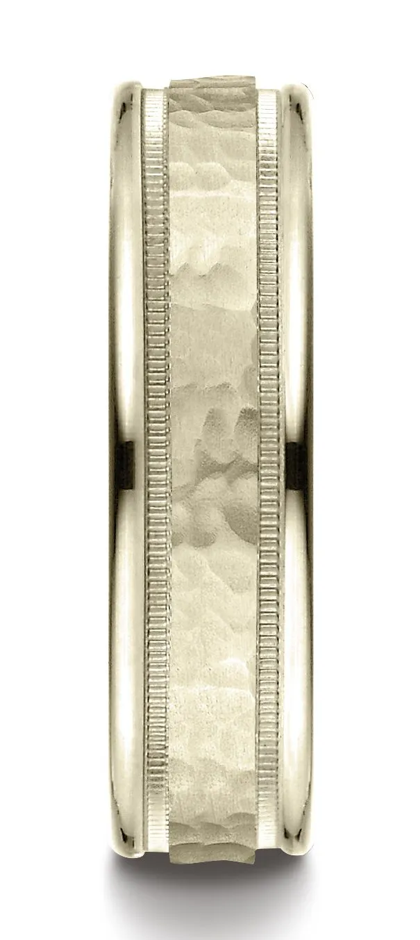 14 Karat Yellow Gold 6mm Comfort-fit Hammered Center High Polish Round Edge Carved Design Band