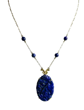 14K Gold and Carved Lapis Necklace