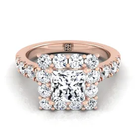 14K Rose Gold Princess Cut Diamond Luxe Style French Pave Halo Engagement Ring -1-1/10ctw