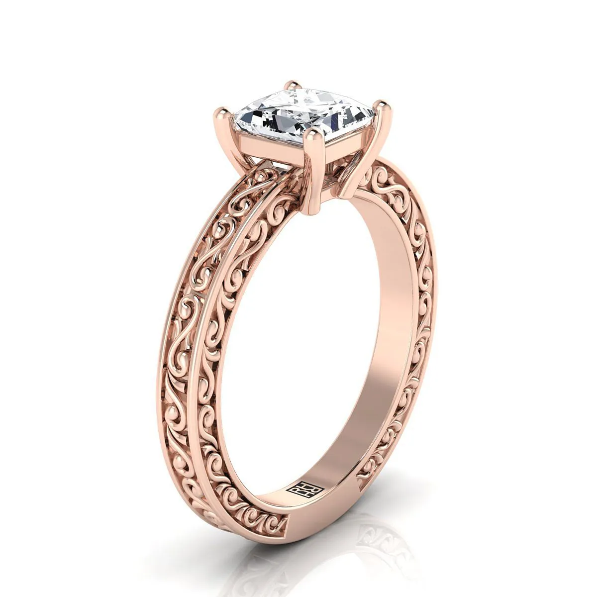 14K Rose Gold Princess Cut Hand Engraved Scroll Vintage Solitaire Engagement Ring