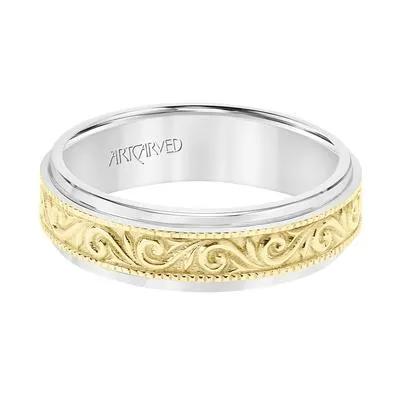 14k Two Tone 6.5mm wide Carved Band, size 10