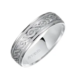14k White Gold engraved wedding band with milgrain detail and flat edges, size 10