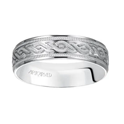 14k White Gold engraved wedding band with milgrain detail and flat edges, size 10