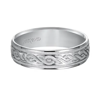 14k White Gold engraved wedding band with milgrain detail and flat edges, size 10