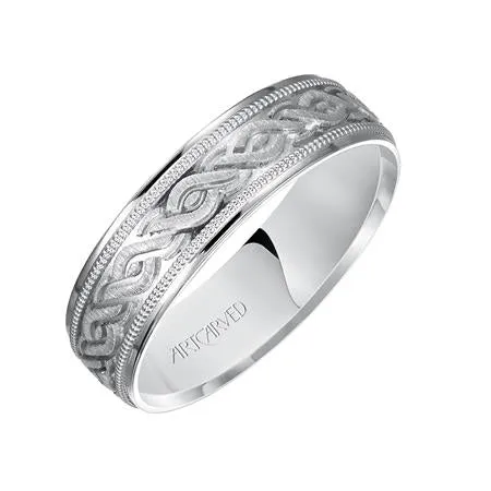 14k White Gold engraved wedding band with milgrain detail and flat edges, size 10