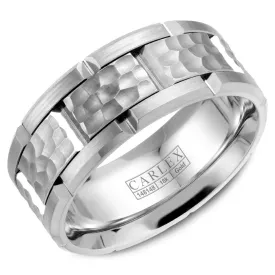 14K White Gold Hammered and Brushed Carved Band