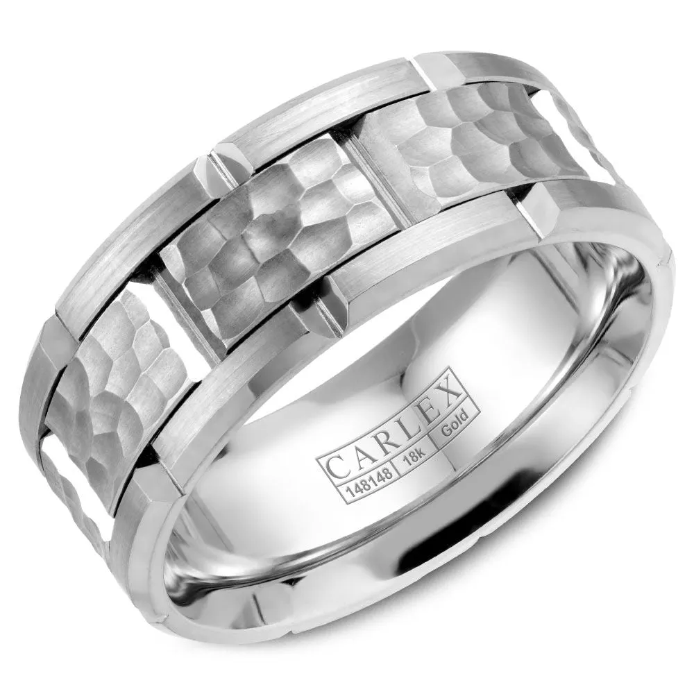 14K White Gold Hammered and Brushed Carved Band