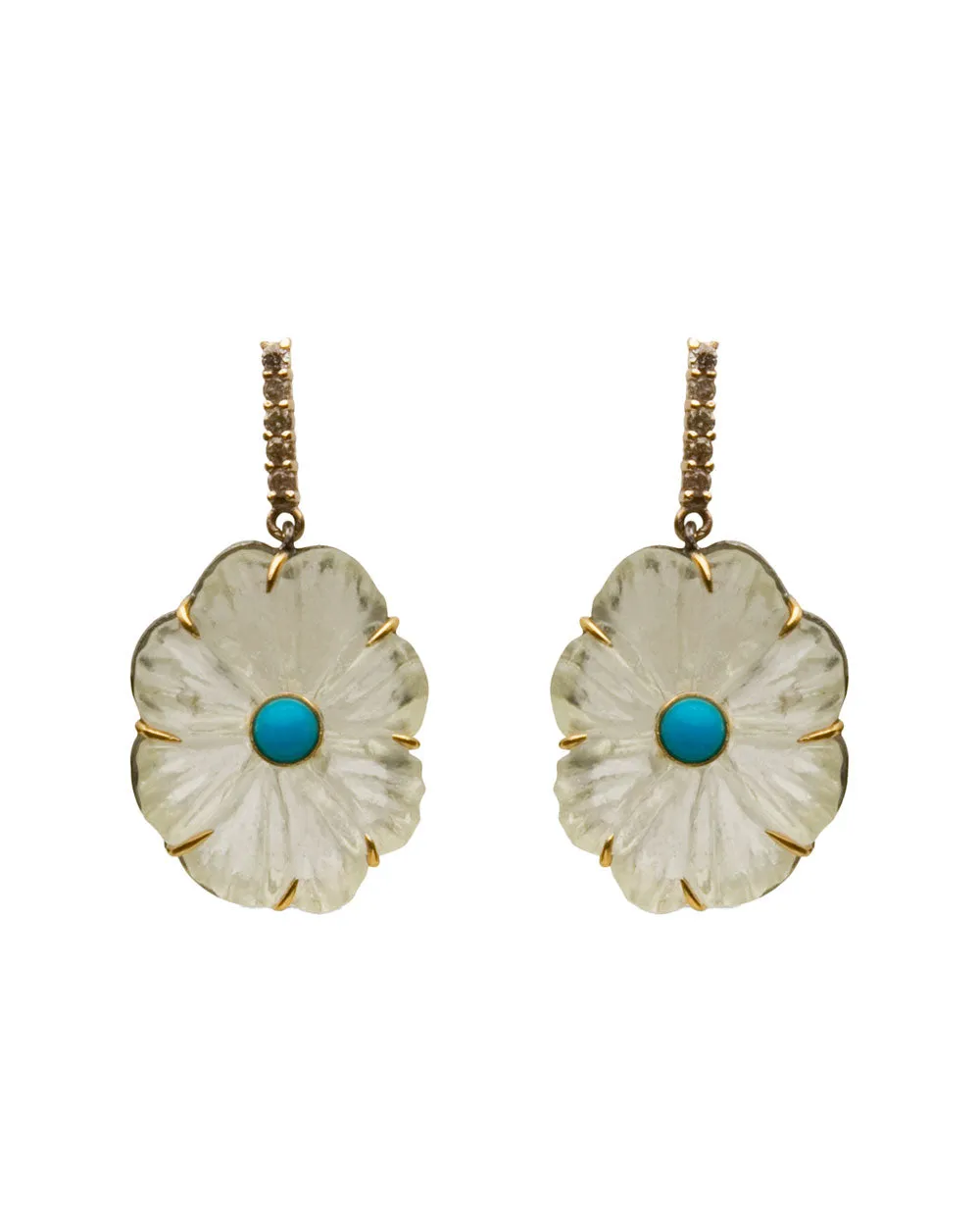 14k Yellow Gold Carved Glass Diamond Flower Earrings