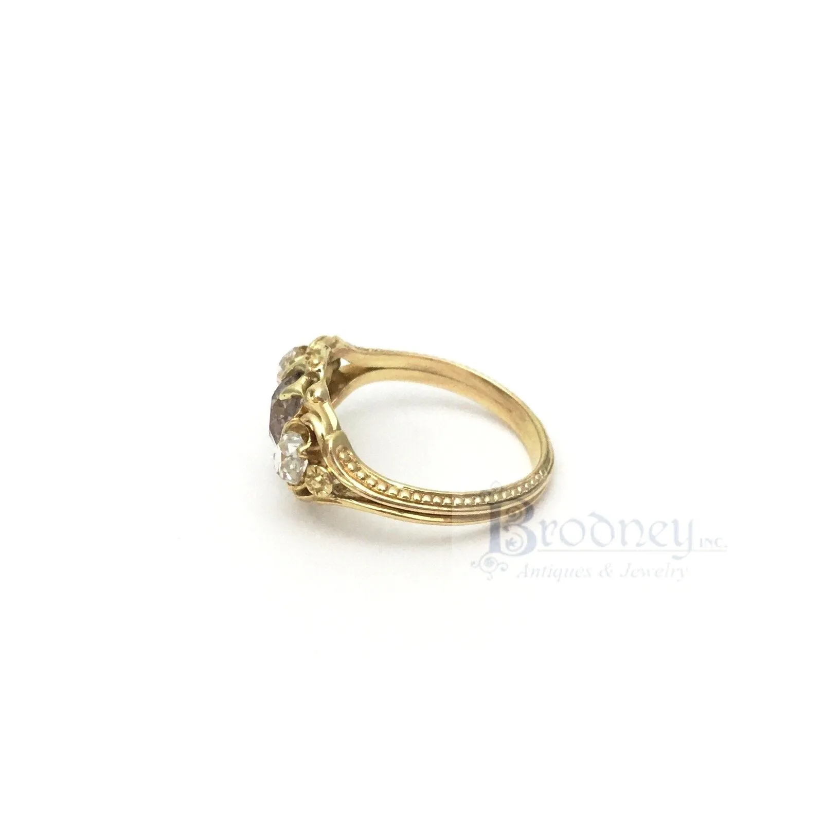 18 Kt Gold and Three Old Mine Cut Diamond Engagement Ring