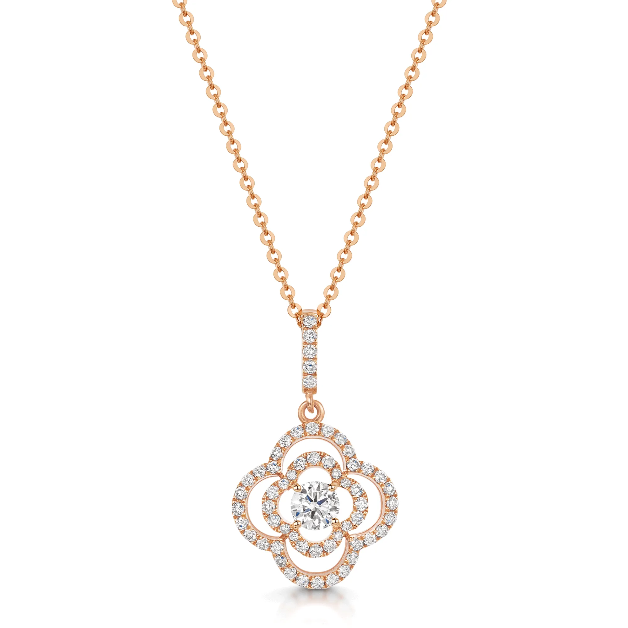 18ct Rose Gold Round Brilliant Cut Diamond Open Flower Pendant