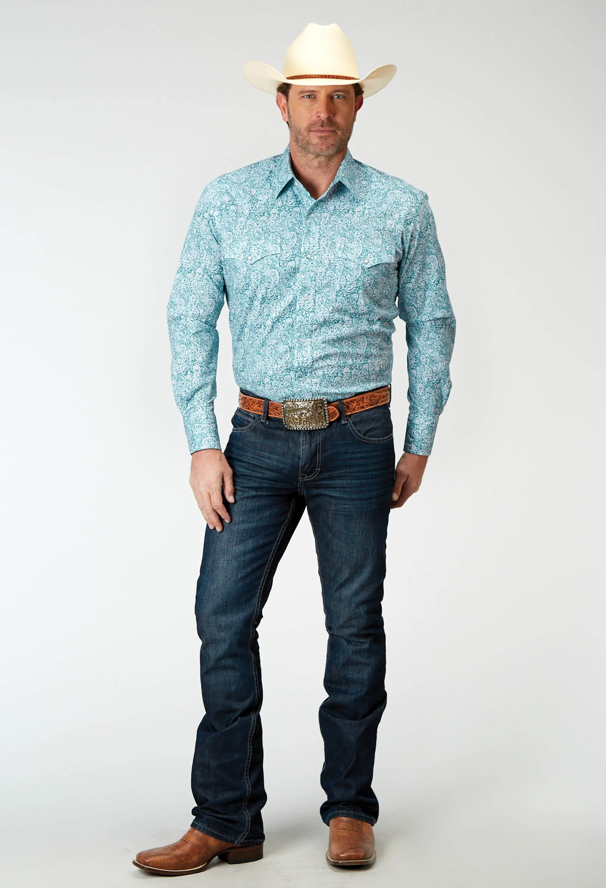 1944 STRETCH POPLIN - TEAL PAISLEY