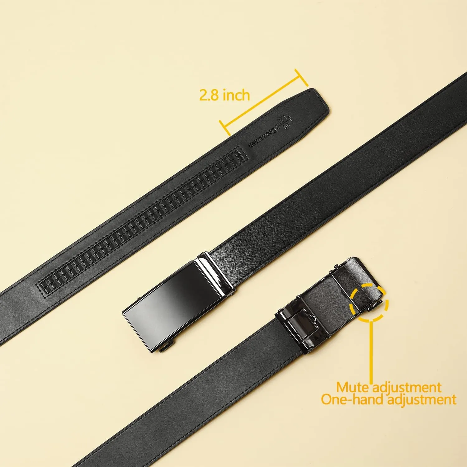 2 Pack Ratchet Belt 1 3/8", Mens leather Dress Belt in Gift Set Size 28"-62" Adjustable waist Trim to Fit