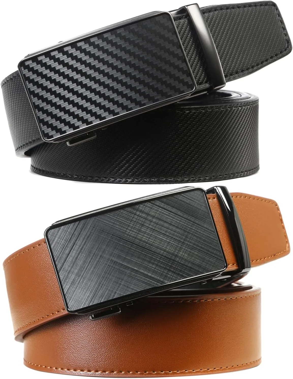 2 Pack Ratchet Belt 1 3/8", Mens leather Dress Belt in Gift Set Size 28"-62" Adjustable waist Trim to Fit