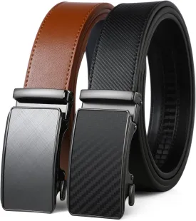 2 Pack Ratchet Belt 1 3/8", Mens leather Dress Belt in Gift Set Size 28"-62" Adjustable waist Trim to Fit