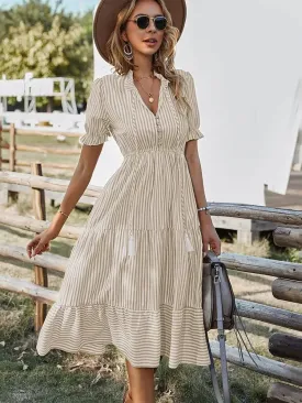 2024 Elegant Striped V-Neck Lantern Sleeve Boho Dress