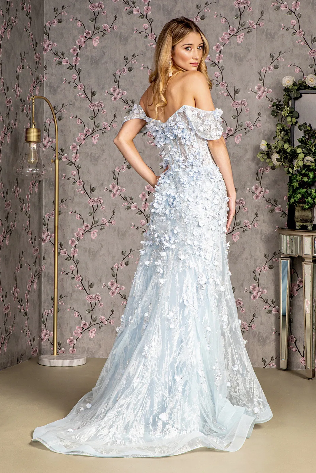 3D Floral Off Shoulder Corset Slit Gown by GLS Gloria GL3409