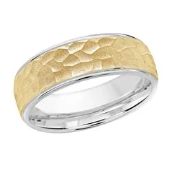 7MM White/Yellow Gold Carved Hammered Wedding Band