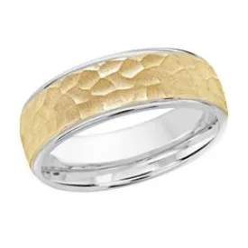 7MM White/Yellow Gold Carved Hammered Wedding Band