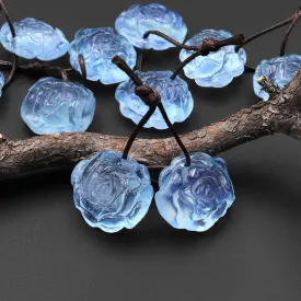 AAA Hand Carved Natural Blue Aquamarine Rose Flower Earring Pair Drilled Gemstone Matched Beads
