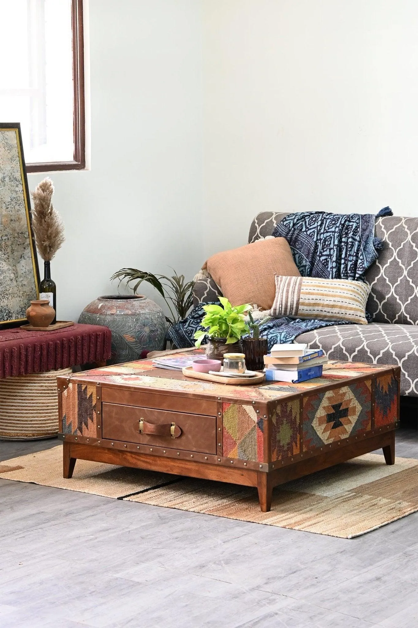 ADRIAN  COFFEE TABLE - KILIM AND LEATHER