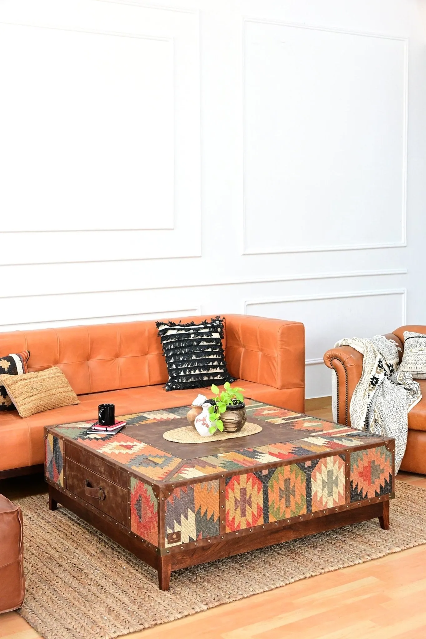ADRIAN  COFFEE TABLE - KILIM AND LEATHER