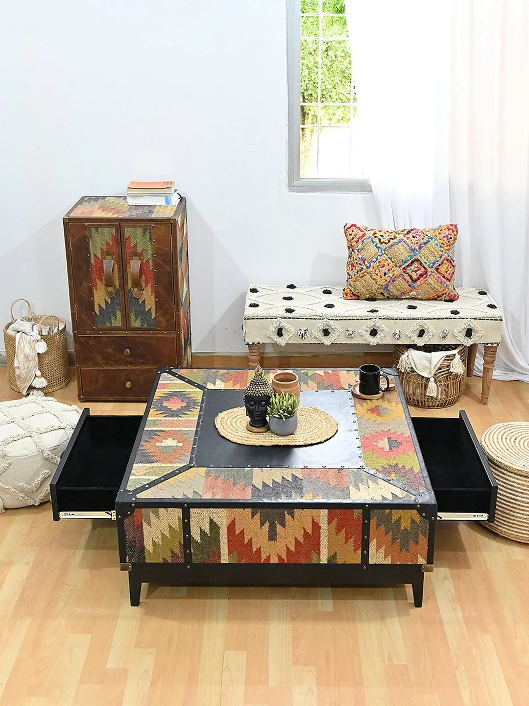 ADRIAN  COFFEE TABLE - KILIM AND LEATHER