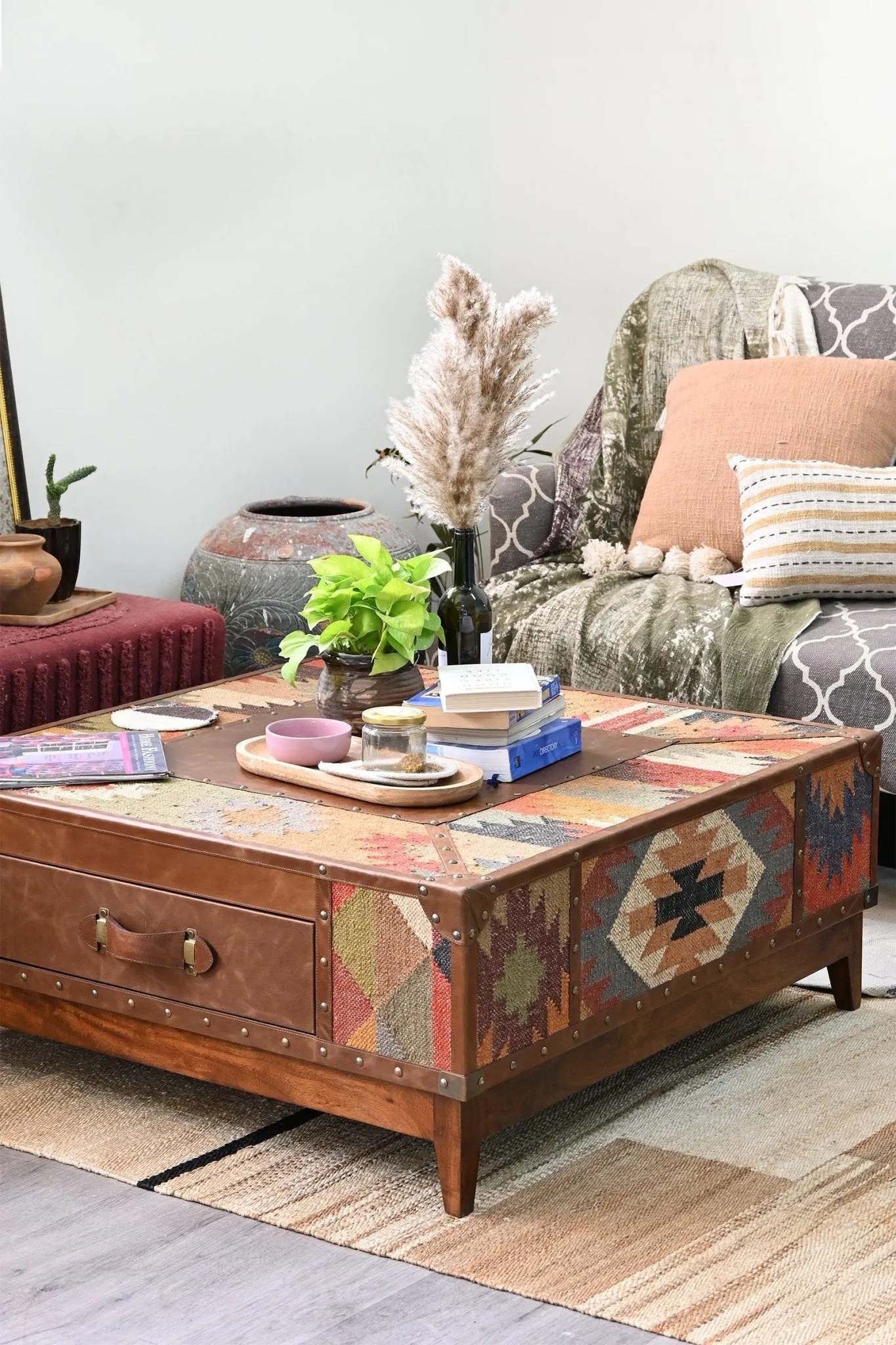 ADRIAN  COFFEE TABLE - KILIM AND LEATHER