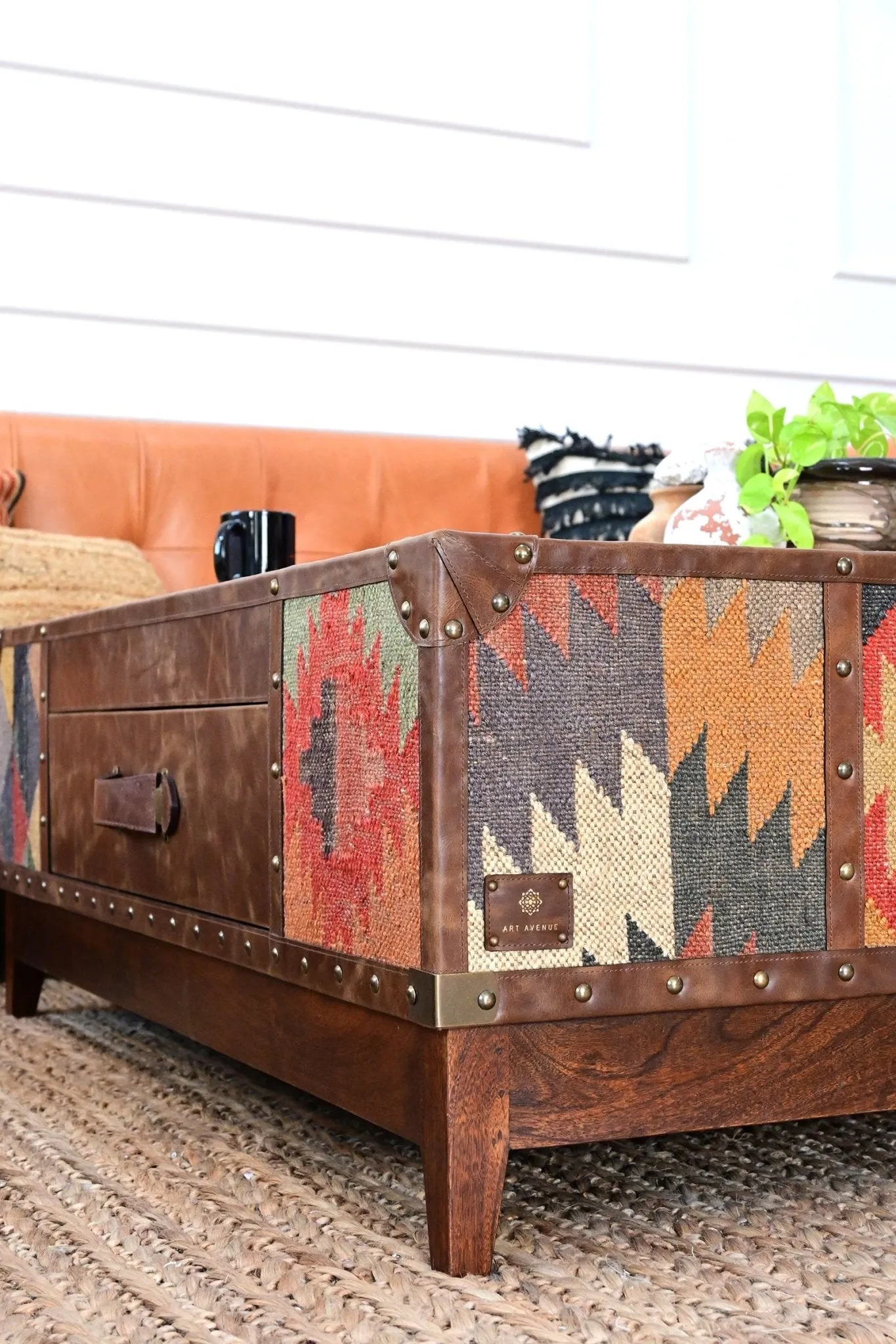 ADRIAN  COFFEE TABLE - KILIM AND LEATHER