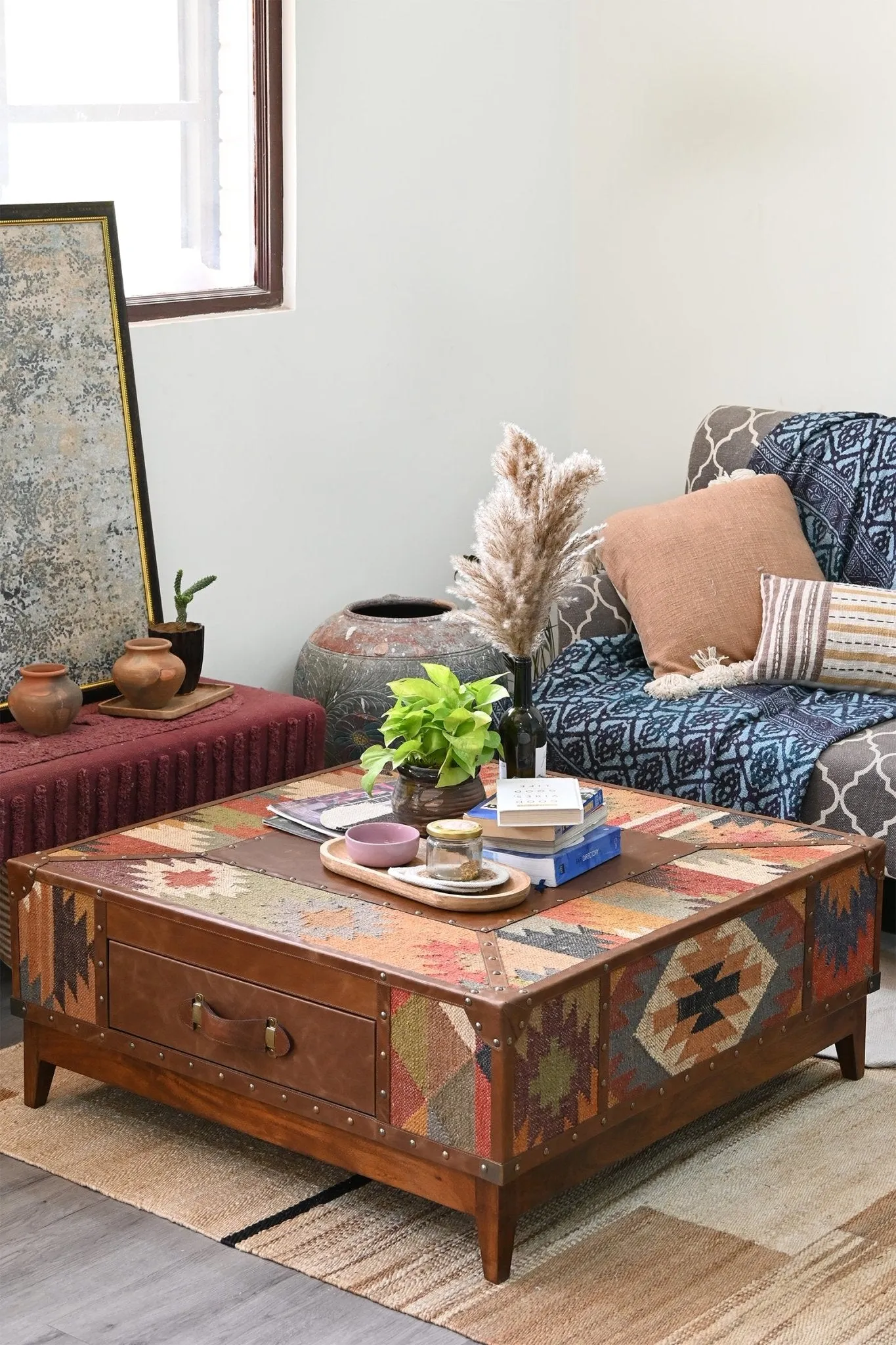 ADRIAN  COFFEE TABLE - KILIM AND LEATHER