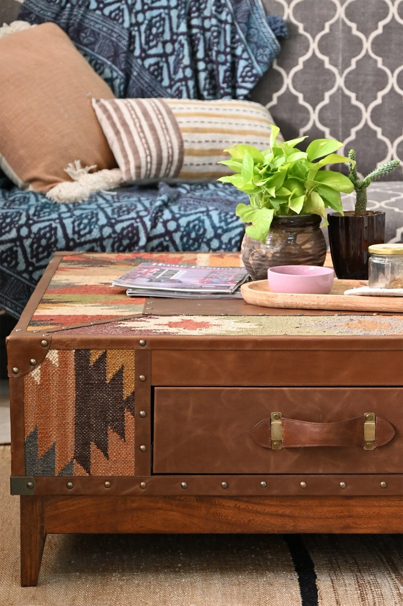 ADRIAN  COFFEE TABLE - KILIM AND LEATHER