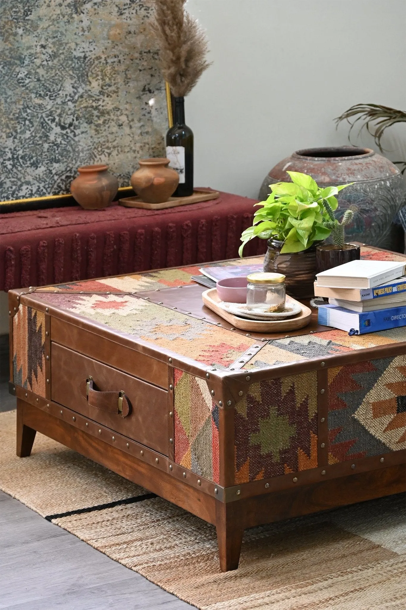 ADRIAN  COFFEE TABLE - KILIM AND LEATHER