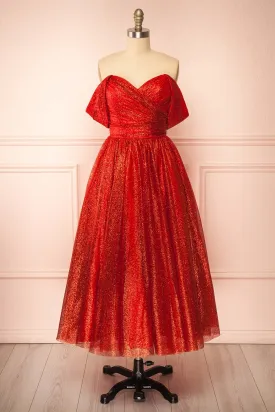 Anastriana Red | Sparkly Off-Shoulder Midi Dress