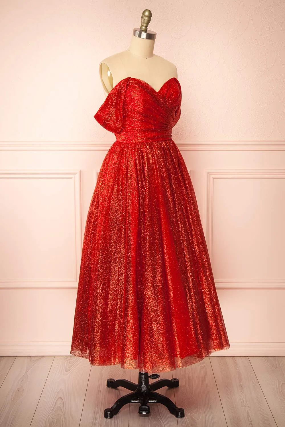 Anastriana Red | Sparkly Off-Shoulder Midi Dress