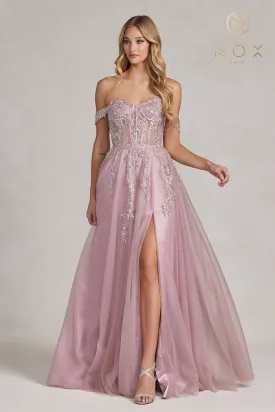 Applique Off Shoulder Gown by Nox Anabel E1128