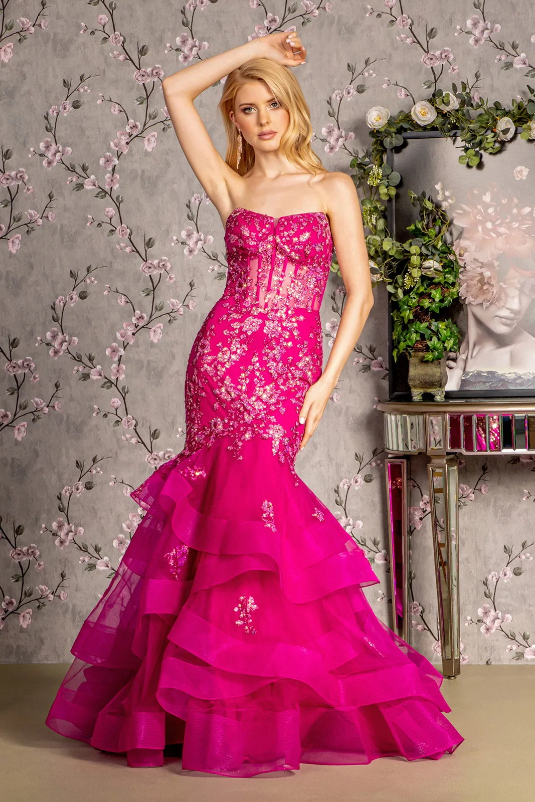 Applique Strapless Tiered Mermaid Dress by GLS Gloria GL3216