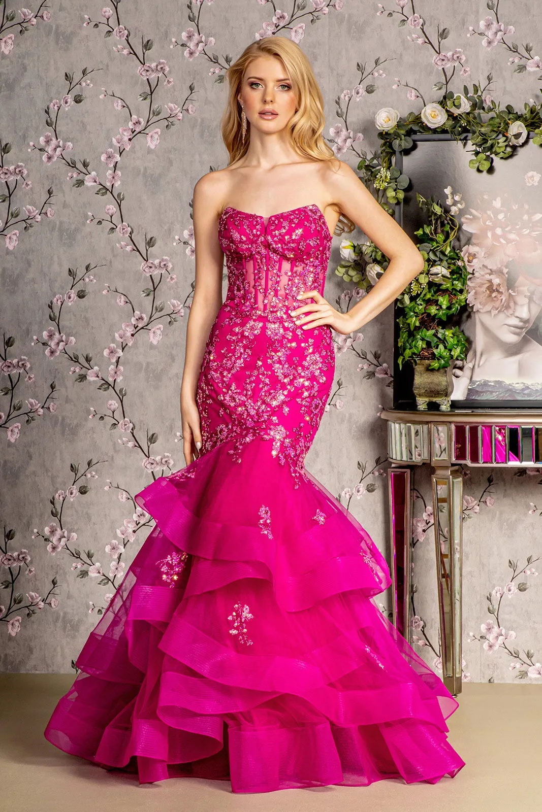 Applique Strapless Tiered Mermaid Dress by GLS Gloria GL3216