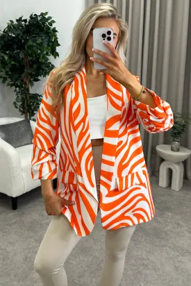 Ariella Orange Zebra Print Ruched Sleeve Oversized Blazer