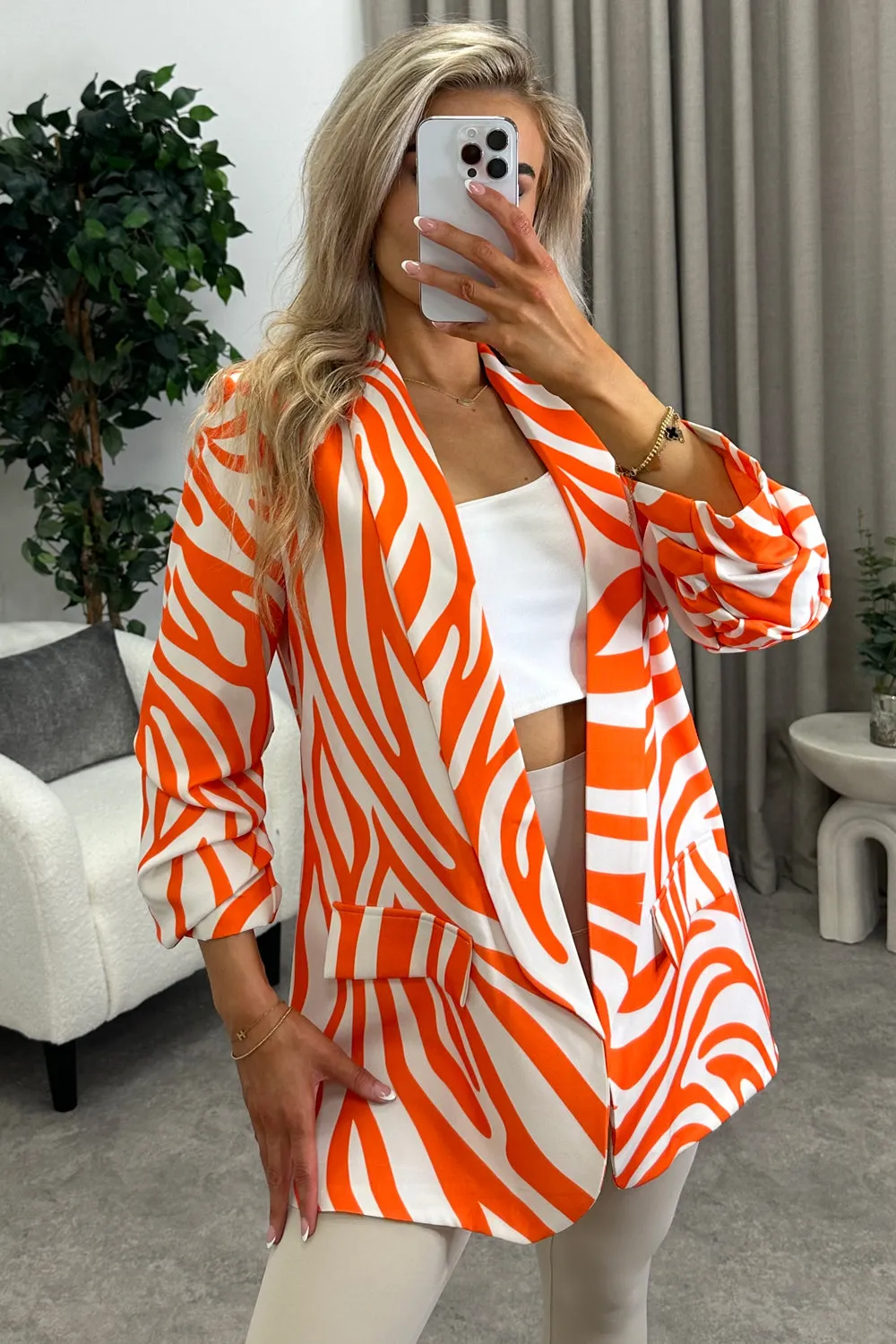 Ariella Orange Zebra Print Ruched Sleeve Oversized Blazer