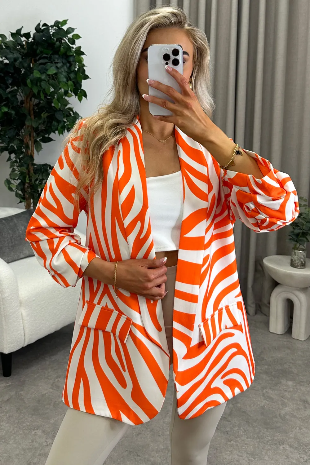Ariella Orange Zebra Print Ruched Sleeve Oversized Blazer