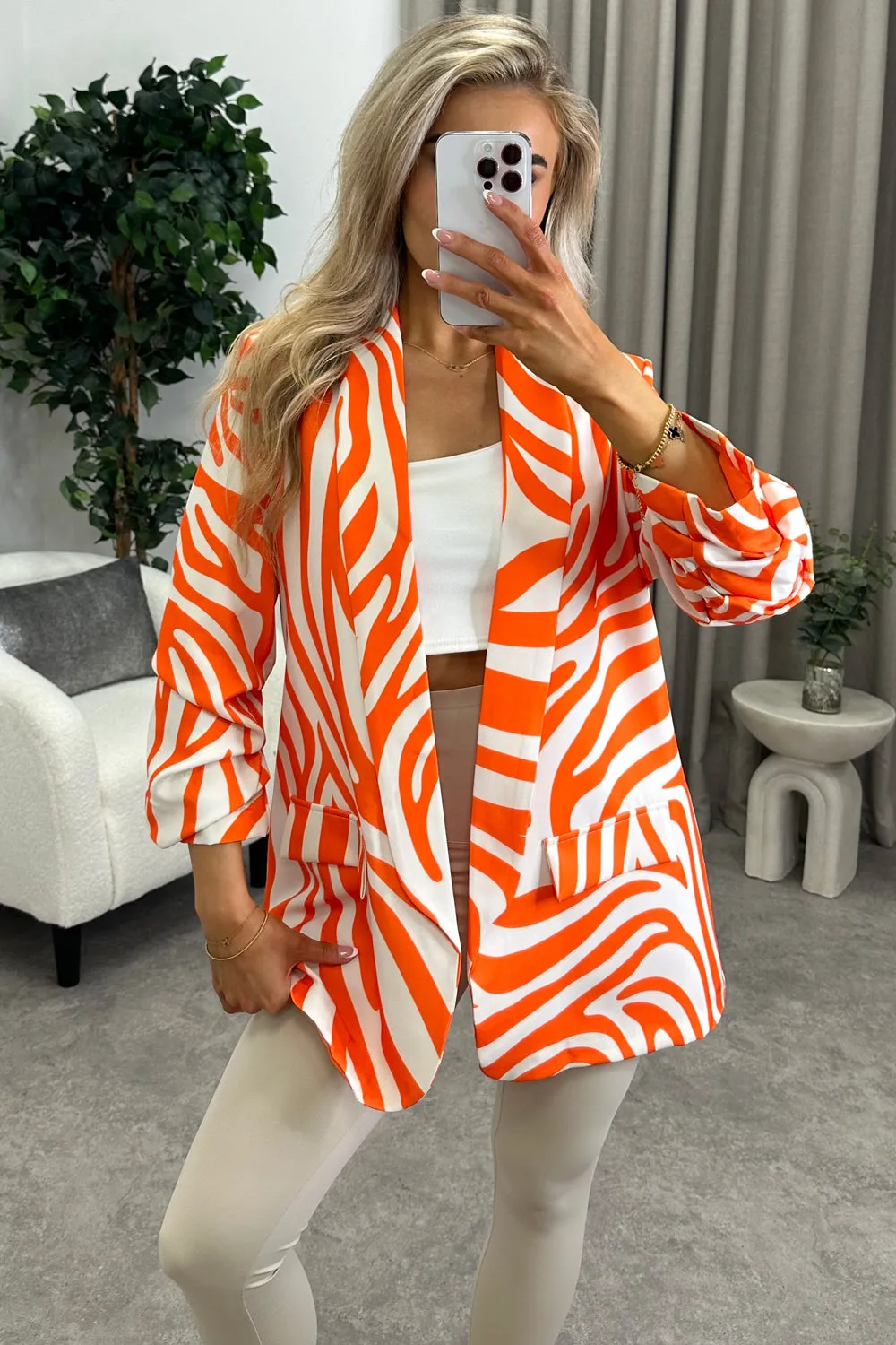 Ariella Orange Zebra Print Ruched Sleeve Oversized Blazer
