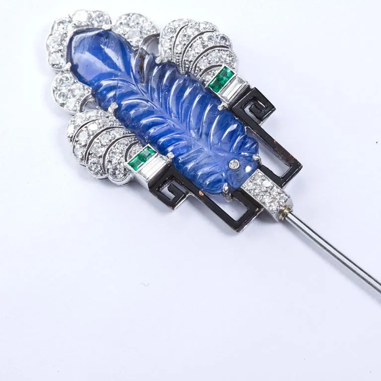 Art Deco Carved Sapphire Diamond Jabot Pin Brooch