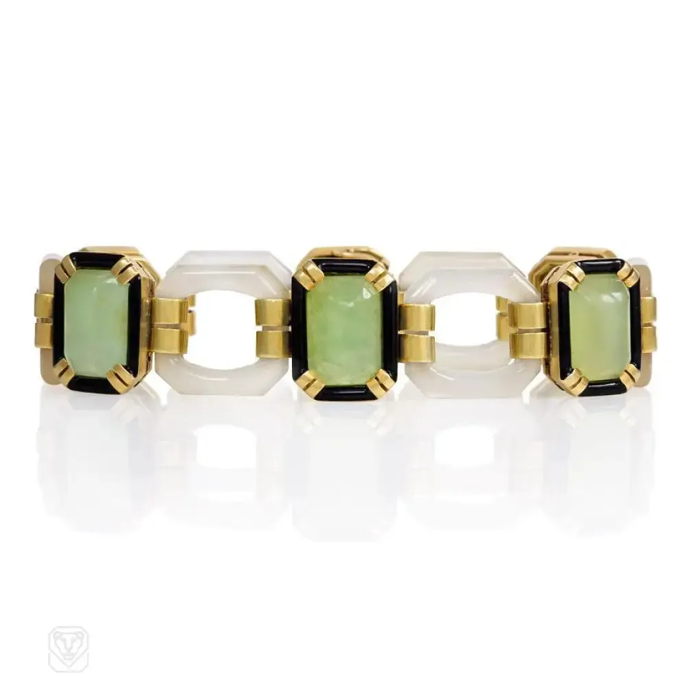 Art Deco chalcedony, chrysoprase, and enamel bracelet