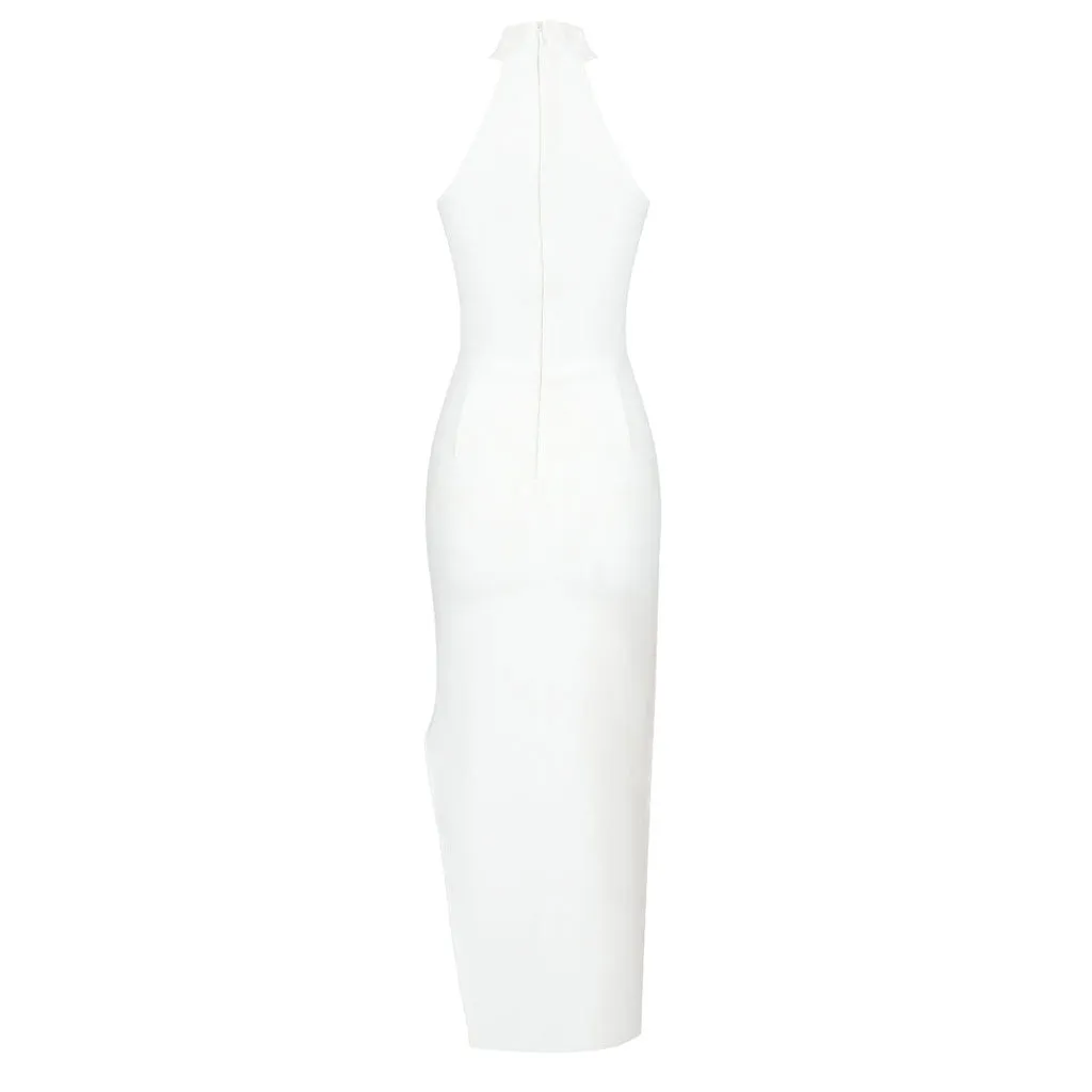 Asymmetrical Crystal Petal Decor Halter Neck Bandage Midi Cocktail Dress