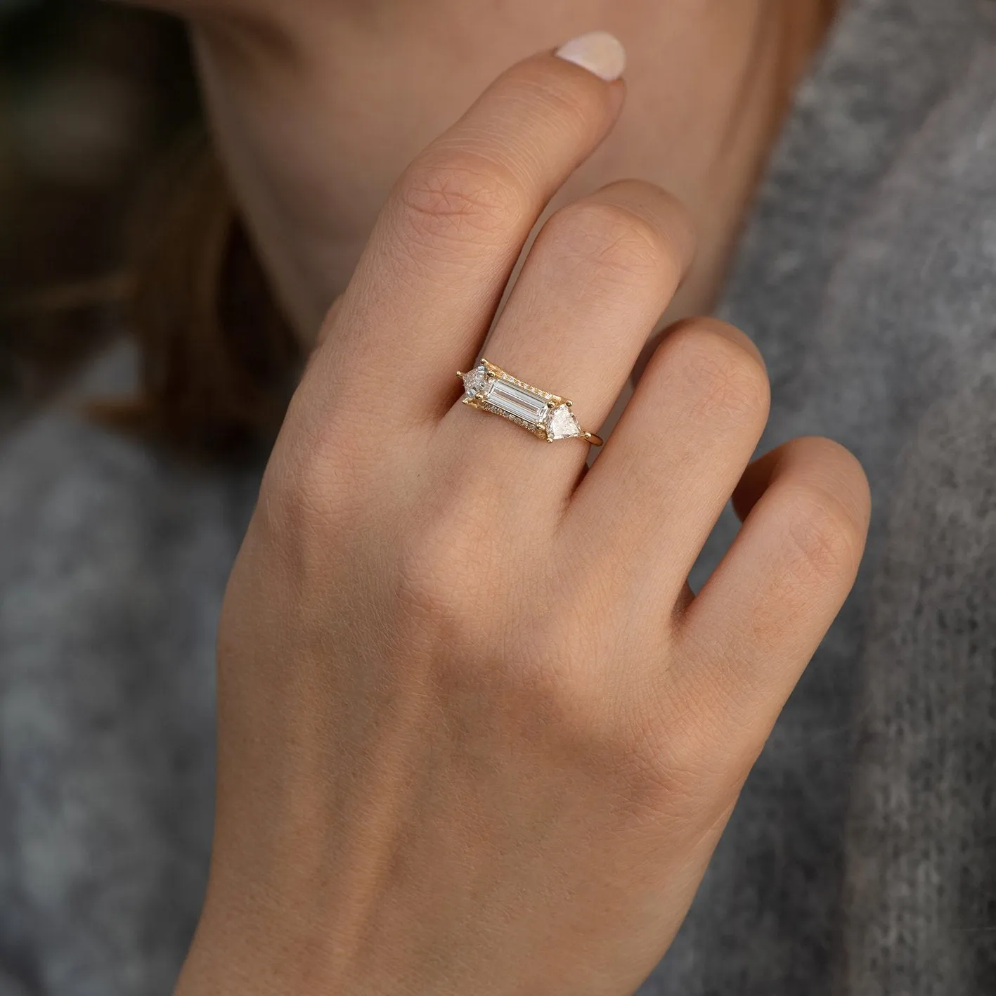 Baguette cut engagement  ring with kite diamonds