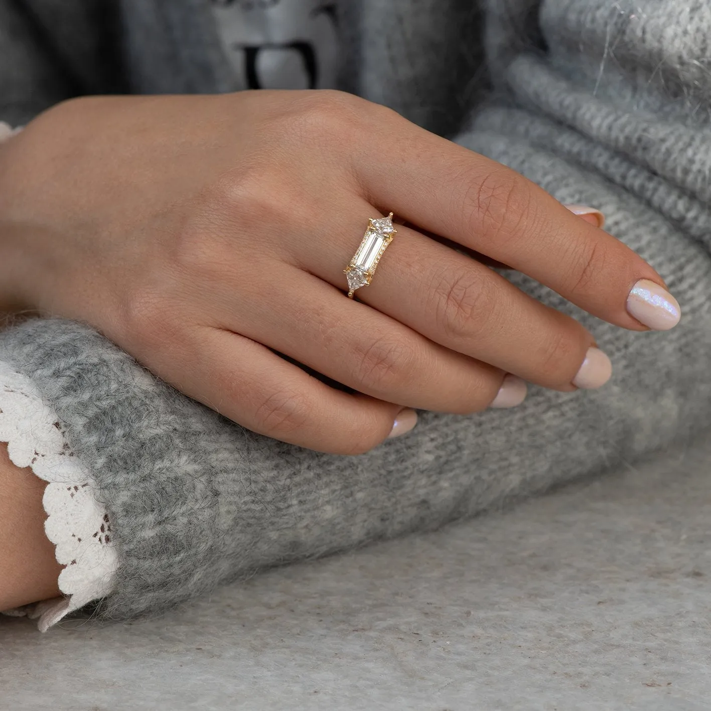 Baguette cut engagement  ring with kite diamonds