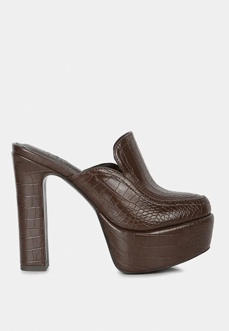 Bauhaus Croc Pattern Heeled Platform Mules