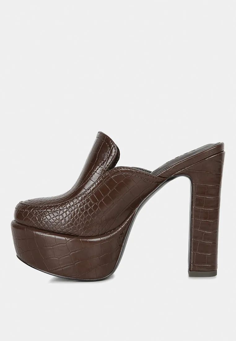 Bauhaus Croc Pattern Heeled Platform Mules