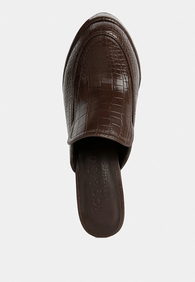 Bauhaus Croc Pattern Heeled Platform Mules