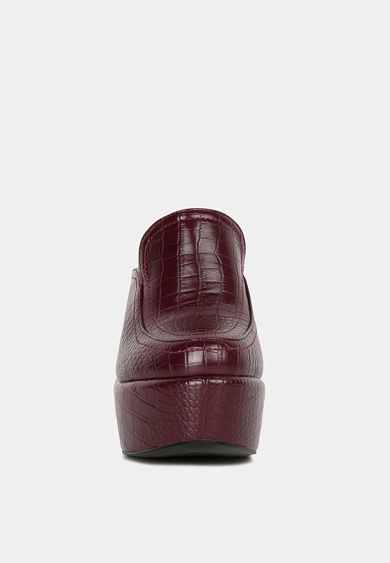 Bauhaus Croc Pattern Heeled Platform Mules